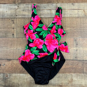 Sea Fair Vintage Pink Green Floral Print Faux Wrap One Piece‎ Swimsuit Size 9/10